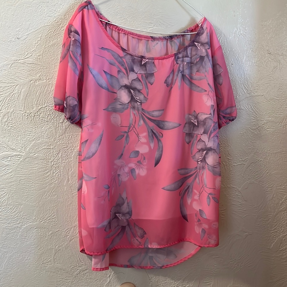 Sheer blouse, L, cotton/polyester,peach and grey floral, lined, 19.50”pit to pit - Picture 1 of 3